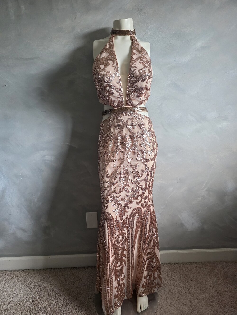 Rachel Allan Long Sequin Scroll Pattern Rose Gold Mesh Halter Cutout Dress 8
